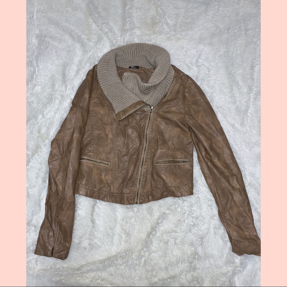 Brown Leather Jacket with comfy sweater collar